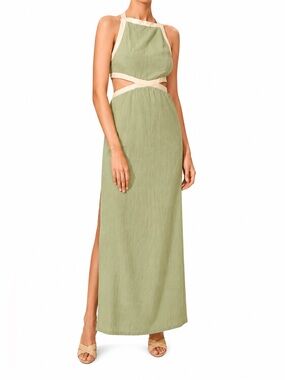 Sage Green Halter Cotton Maxi Dress with Cream Trim NWOT